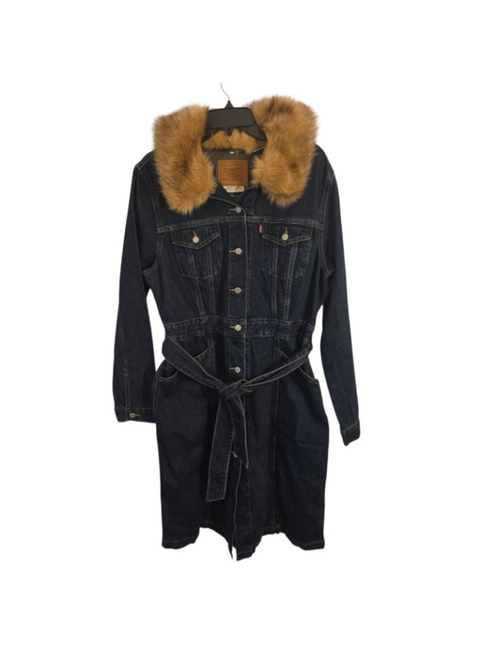 Levi's Faux Fur Collar Denim Coat Women's Large Belted Dark Wash Long Jean... - Picture 3 of 6